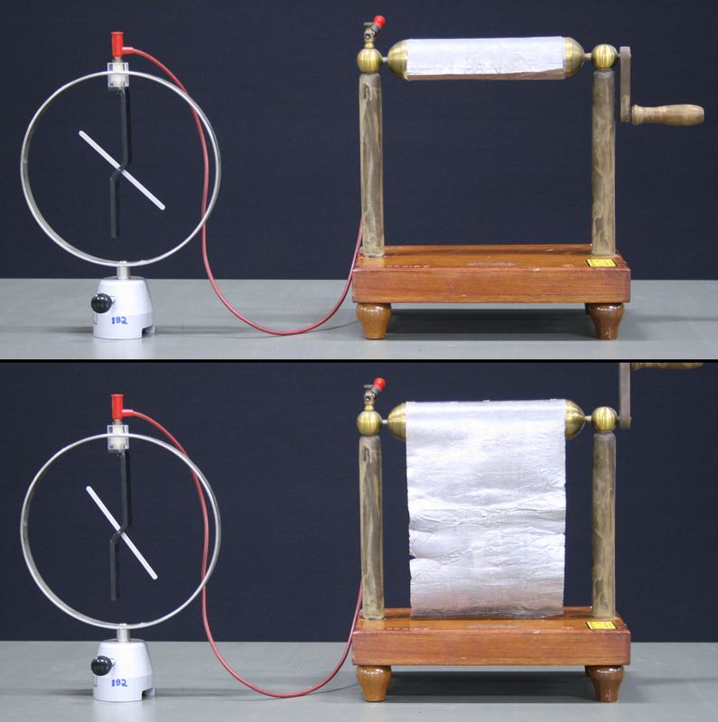 Composite image: top shows dial electroscope with needle deflected, connected via red clip lead to wooden frame with tinfoil rolled on cylinder with crank handle; bottom shows same setup with tinfoil unrolled and electroscope needle showing less deflection