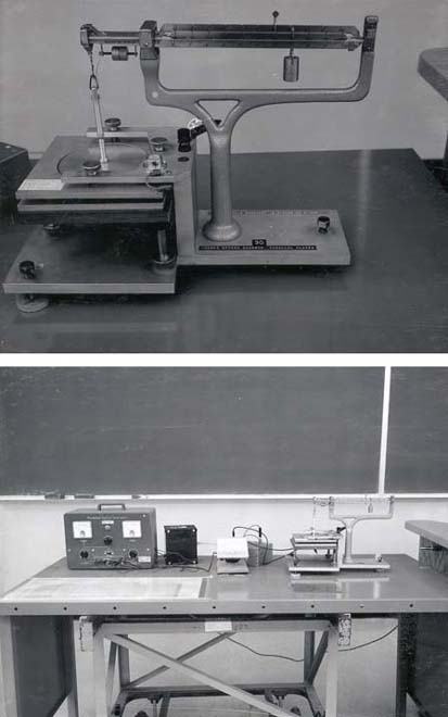 Two black-and-white photos: top shows close-up of beam balance with parallel plate capacitor and guard ring assembly; bottom shows full apparatus on a table with high-voltage power supply connected to the balance