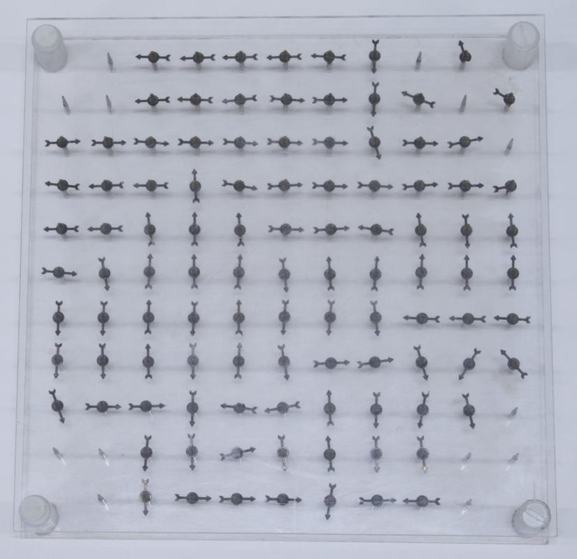 Square array of small magnetic compass needles on bearing pins in a clear acrylic plate, showing spontaneous domain formation with groups of needles aligned in different directions
