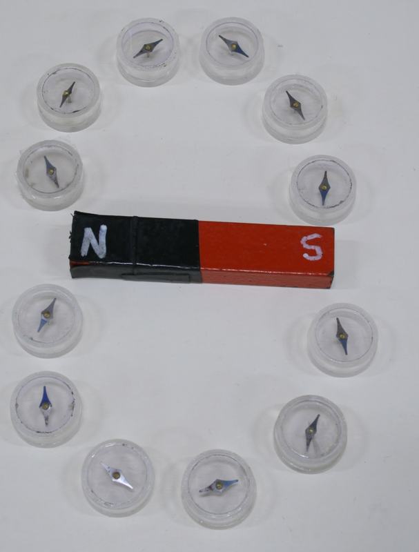 Twelve clear-cased compasses with blue-and-black needles arranged in an oval pattern around a black-and-red bar magnet labeled N and S on a white surface