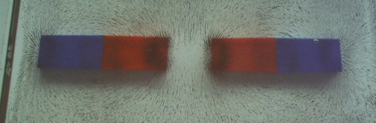 Two bar magnets with like poles facing each other, iron filings showing field lines curving away from the repulsive gap