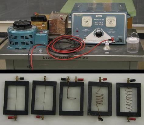 Top: Blue variable transformer (rheostat), Elenco PE-20 DC power supply (battery eliminator), red connecting leads, and jar of iron filings on a lecture bench. Bottom: Five electromagnetic slides in black frames with different conductor configurations — straight wire, loop, coil, and solenoid cross-sections — with red banana plug connectors.