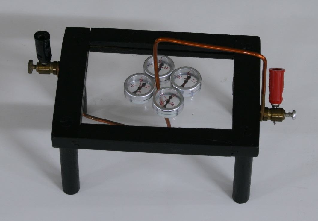 Glass-top table apparatus with black frame, copper wire passing vertically through the glass, four miniature compasses on the surface, black and red banana plug terminals on opposite sides, supported on four short legs