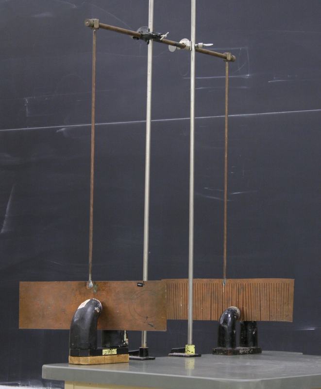 Eddy current pendulum: solid copper plate (left) and slotted copper plate (right) hanging from rods on a horizontal crossbar, with two black radar magnets on the bench below