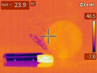 FLIR camera display showing false-color thermal image of an ice cube tray (cold, dark) and activated heat pack (hot, bright), with spot temperature 23.9°C and scale from -7.0 to 46.5°C