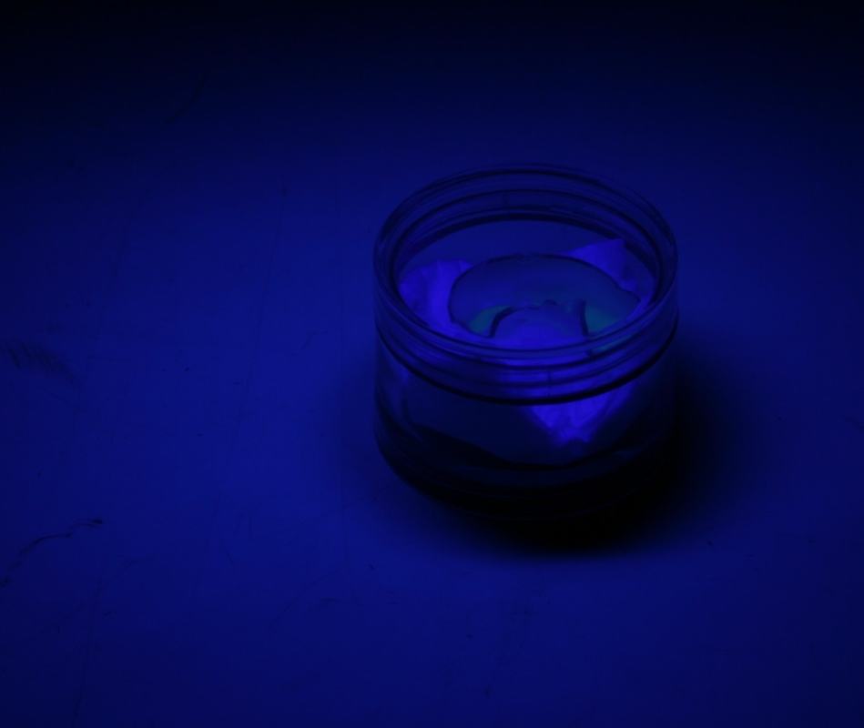 Closed plastic container with CFL phosphor showing only faint blue glow under shortwave UV — plastic blocks most shortwave UV