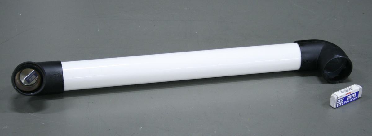 White PVC tube periscope with black angled end caps containing plane mirrors, lying on a table with an eraser for scale