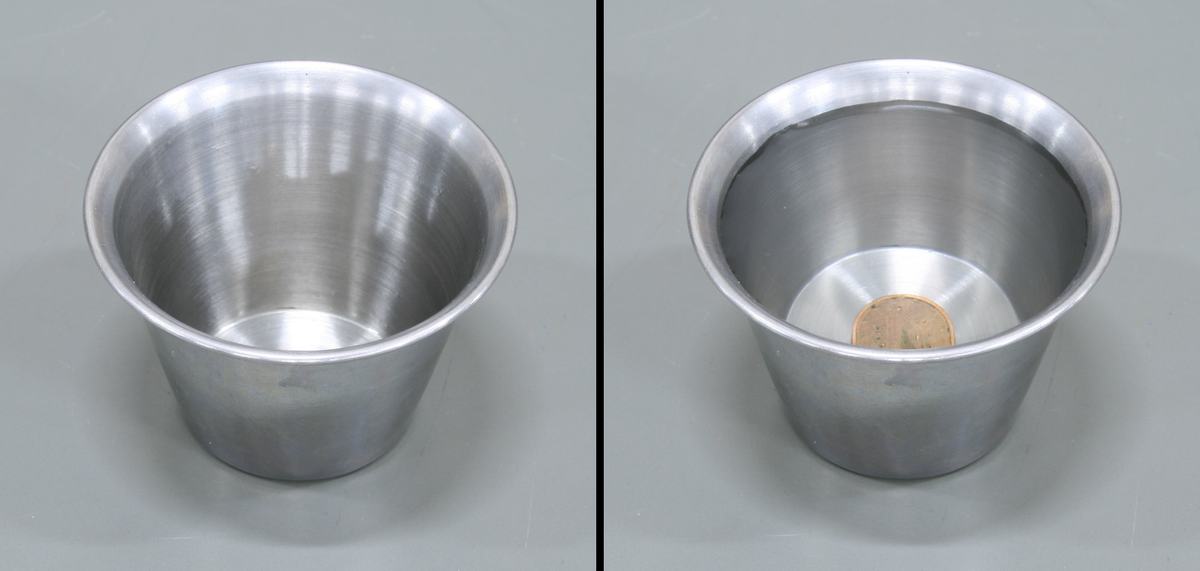 Stainless steel cup shown from the same camera angle: left view shows no coin visible, right view with water added shows the coin at the bottom