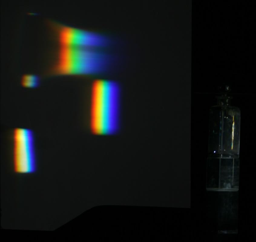 Multiple rainbow spectra projected on paper mounted to blackboard, showing three bands at different deflection angles and spectral widths; stacked prisms visible at right
