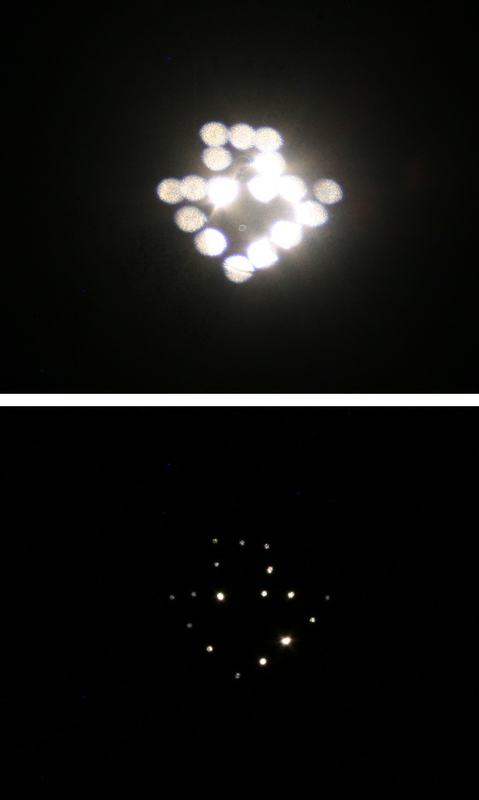 Composite image: top panel shows pinholes as very large overlapping circles of confusion (wide aperture, far from focal plane); bottom panel shows the same pattern as sharp focused points