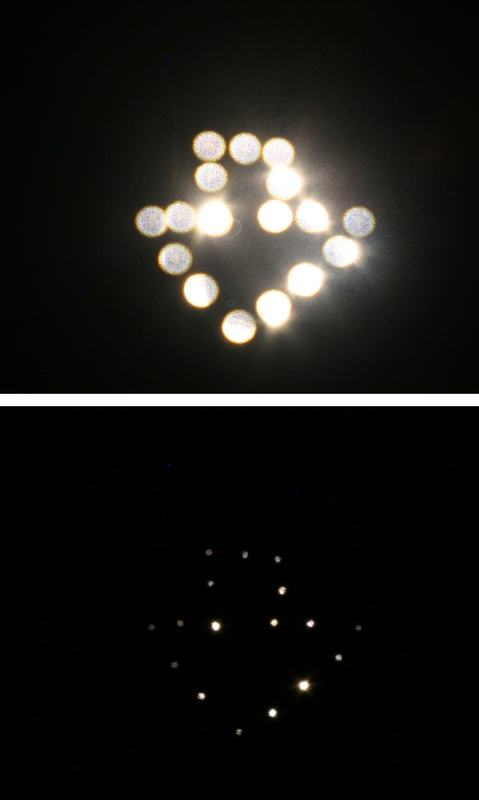 Composite image: top panel shows pinhole pattern as large blurry circles of confusion in a diamond arrangement (wide aperture, out of focus); bottom panel shows the same pattern as small sharp points (in focus)