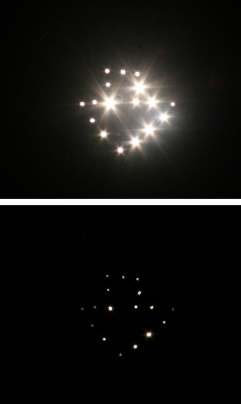 Composite image: top panel shows pinholes as bright points with star-shaped diffraction spikes (small aperture); bottom panel shows the same pattern as sharp focused points
