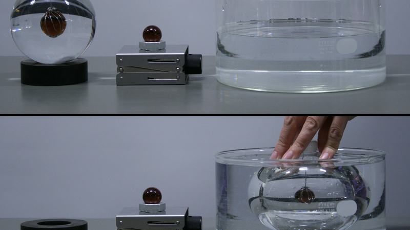 Two-panel image. Top: water-filled spherical globe on rubber ring with magnified marble visible inside, reference marble on lab jack, empty cylindrical glass dish. Bottom: globe submerged in water-filled dish with hand pushing it down, marble appears smaller.