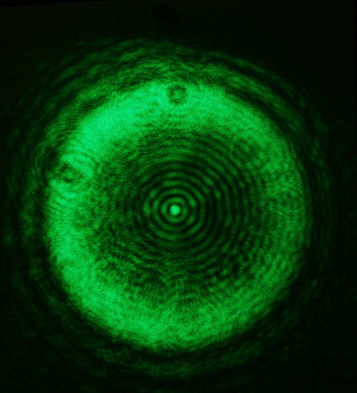 Green Fresnel diffraction pattern with well-defined concentric rings and bright Poisson spot at center, slightly better symmetry than previous image
