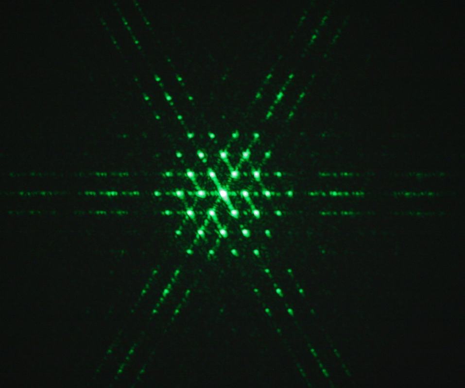 Green laser diffraction pattern from mesh showing complex multi-directional array of bright spots against dark background