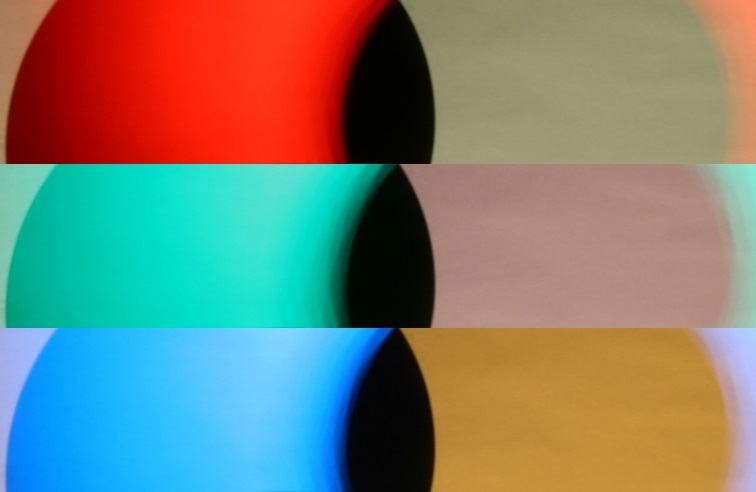 Montage of three horizontal strips with auto white balance: top strip shows red shadow left, cyan-tinted shadow right; middle strip shows green shadow left, pinkish/magenta shadow right; bottom strip shows blue shadow left, yellow/amber shadow right