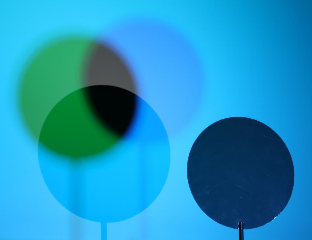 Same setup with preset white balance: blue background, green and blue shadows with gray-brown overlap — no red visible