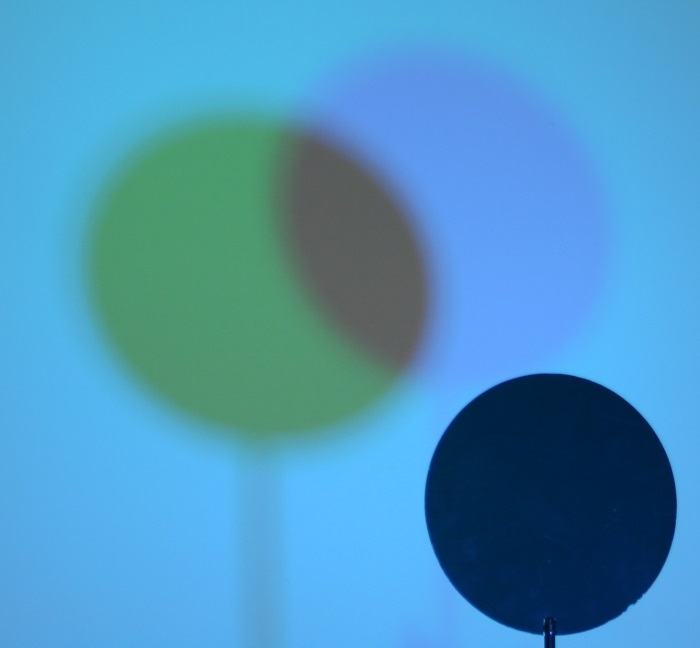 Two overlapping shadows on blue background showing green and blue regions with gray overlap; preset white balance