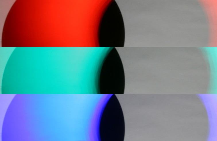 Montage of three horizontal strips with preset white balance: top strip shows red colored shadow on the left and a gray/neutral shadow on the right; middle strip shows green/cyan colored shadow left, gray right; bottom strip shows blue colored shadow left, faint purple right