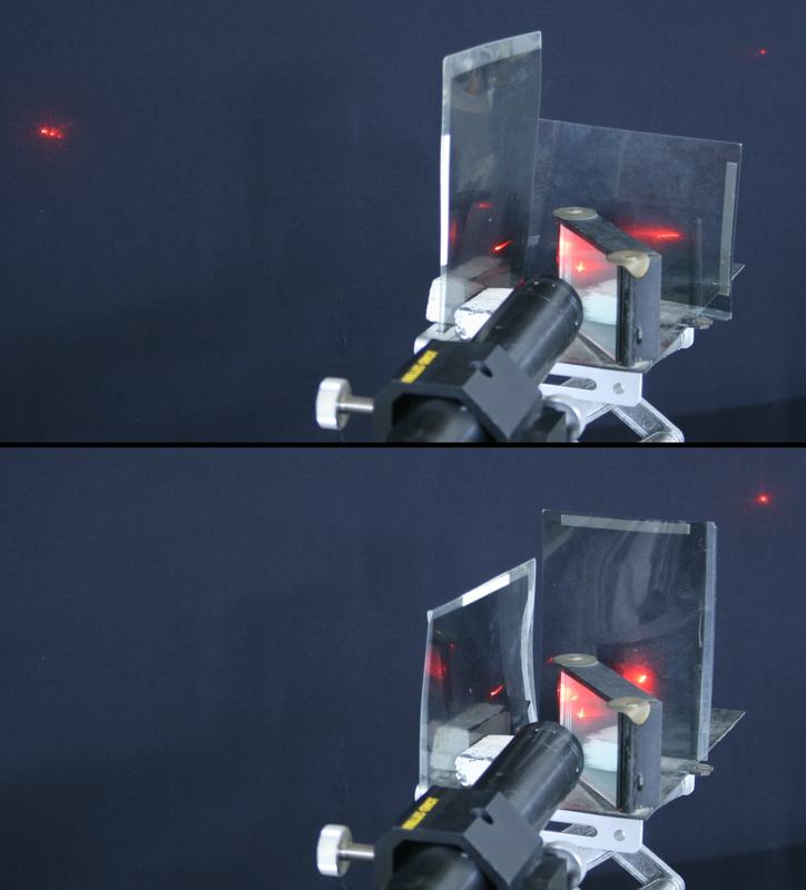 Stack of glass plates mounted at an angle in a black cylindrical holder with adjustment knob, illuminated by a red laser beam with the reflected spot visible on the blackboard behind; two views shown