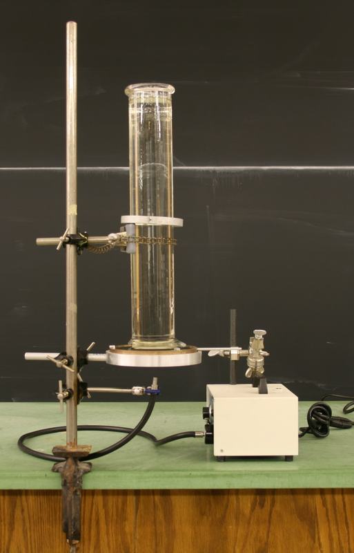 Full barber pole apparatus on green lab bench: glass cylinder on ring stand with chain clamp, white motor box with power cord at the base, chalkboard behind