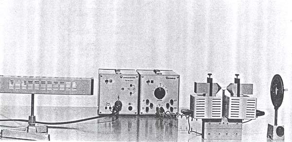 Vintage Faraday effect apparatus: power supply on left, electronics controller in center, electromagnet assembly with two coils and gap for the Faraday cell, and circular polarizer/analyzer on right