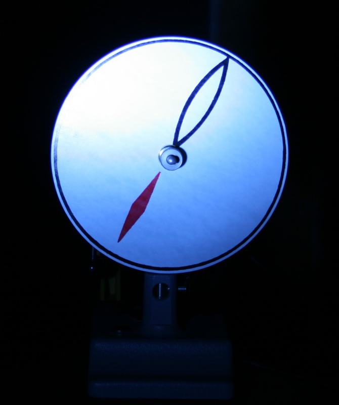 Bird-and-cage disk under blue strobe illumination, showing the black bird outline and red teardrop shape appearing to overlap on the spinning disk