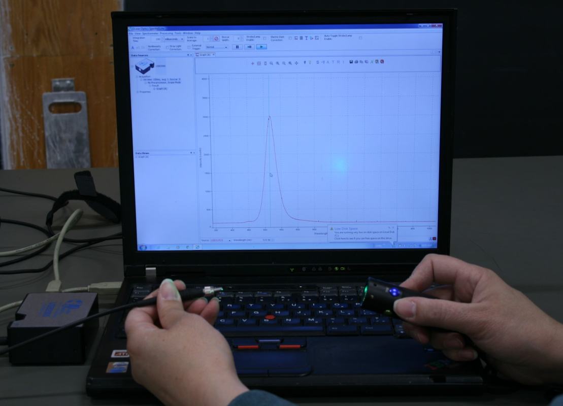 Hands holding fiber optic cable and a green laser pointer aimed at the cable tip, with laptop displaying OceanView software showing a sharp spectral peak; small blue USB spectrometer visible at left