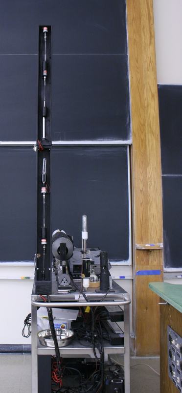 Spectroscopy cart in a classroom: a wheeled metal table with power supplies and a tall black vertical pole holding multiple gas discharge tubes, positioned in front of a blackboard