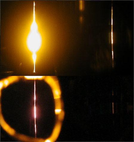 Composite image: top-left shows bright yellow sodium lamp, top-right shows yellow spectral line through diffraction grating, bottom-left shows faint purple glow of sodium lamp viewed through didymium glass, bottom-right shows the spectral line nearly eliminated