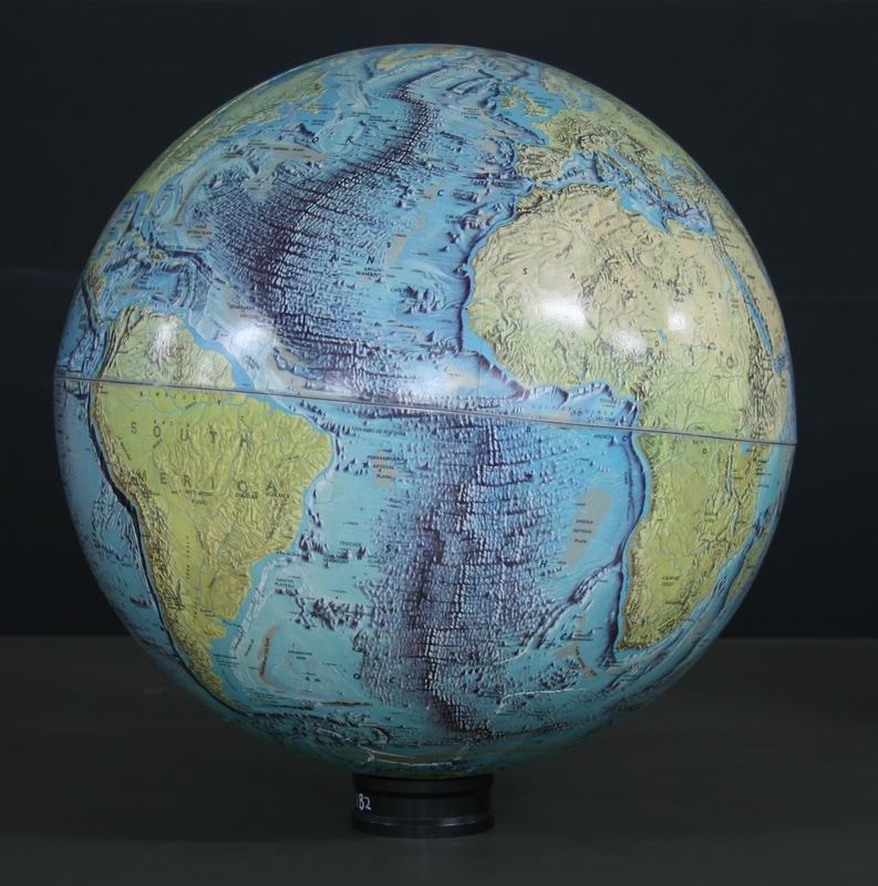National Geographic physical globe showing Atlantic Ocean floor topography and continental relief