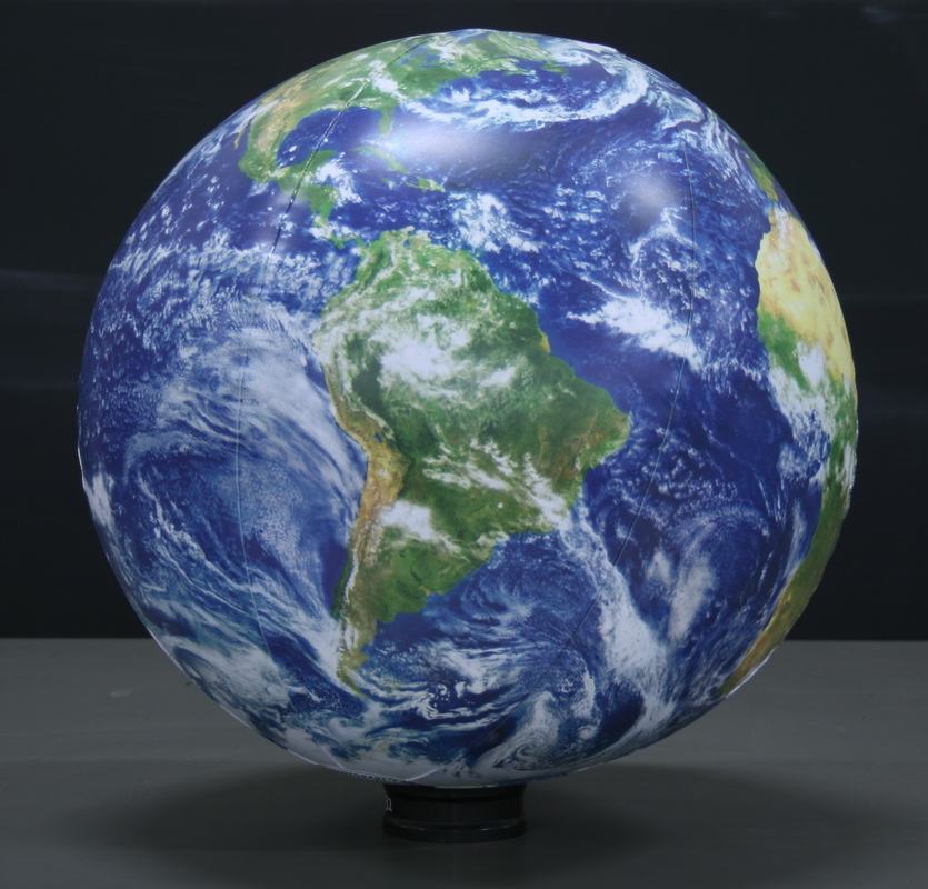 Inflatable satellite imagery globe showing photorealistic Earth with cloud patterns and continents